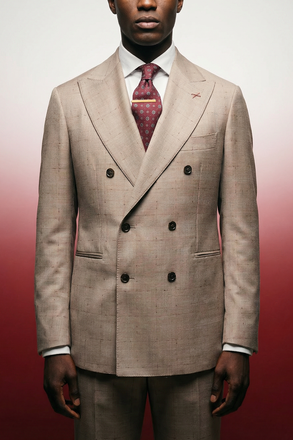 ABITO DOPPIOPETTO FANTASIA SABBIA CON INSERTI BORDEAUX