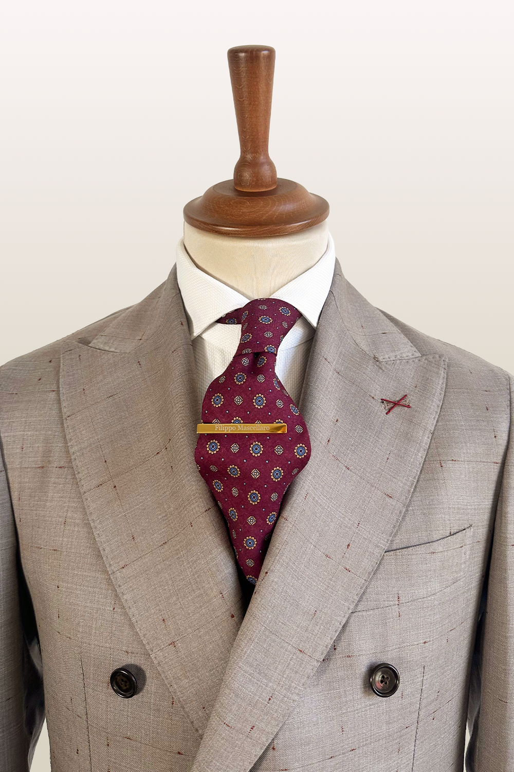 ABITO DOPPIOPETTO FANTASIA SABBIA CON INSERTI BORDEAUX