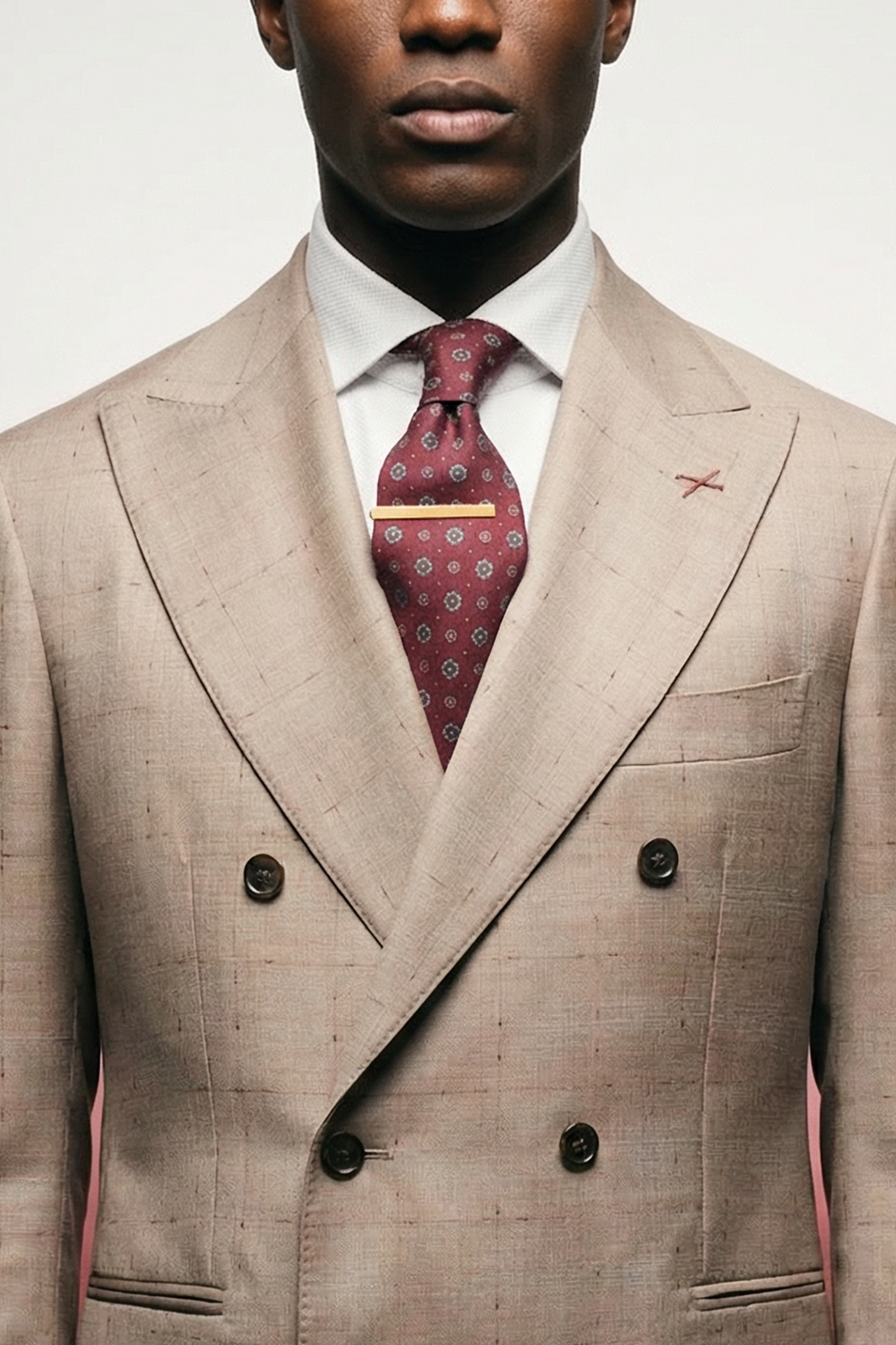 ABITO DOPPIOPETTO FANTASIA SABBIA CON INSERTI BORDEAUX
