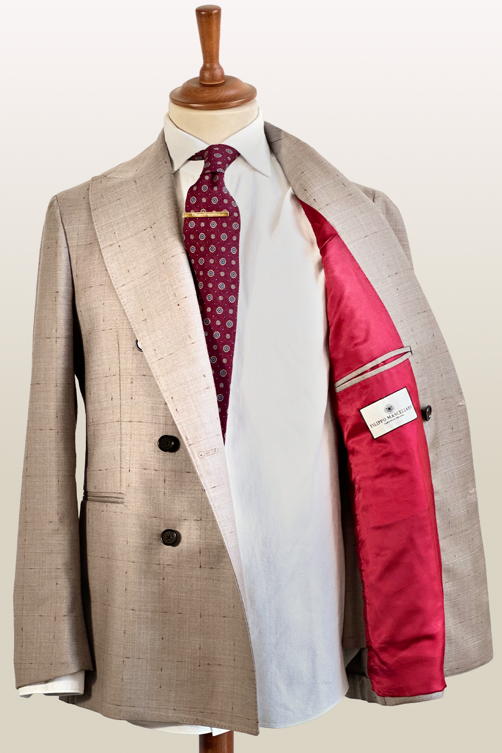 ABITO DOPPIOPETTO FANTASIA SABBIA CON INSERTI BORDEAUX