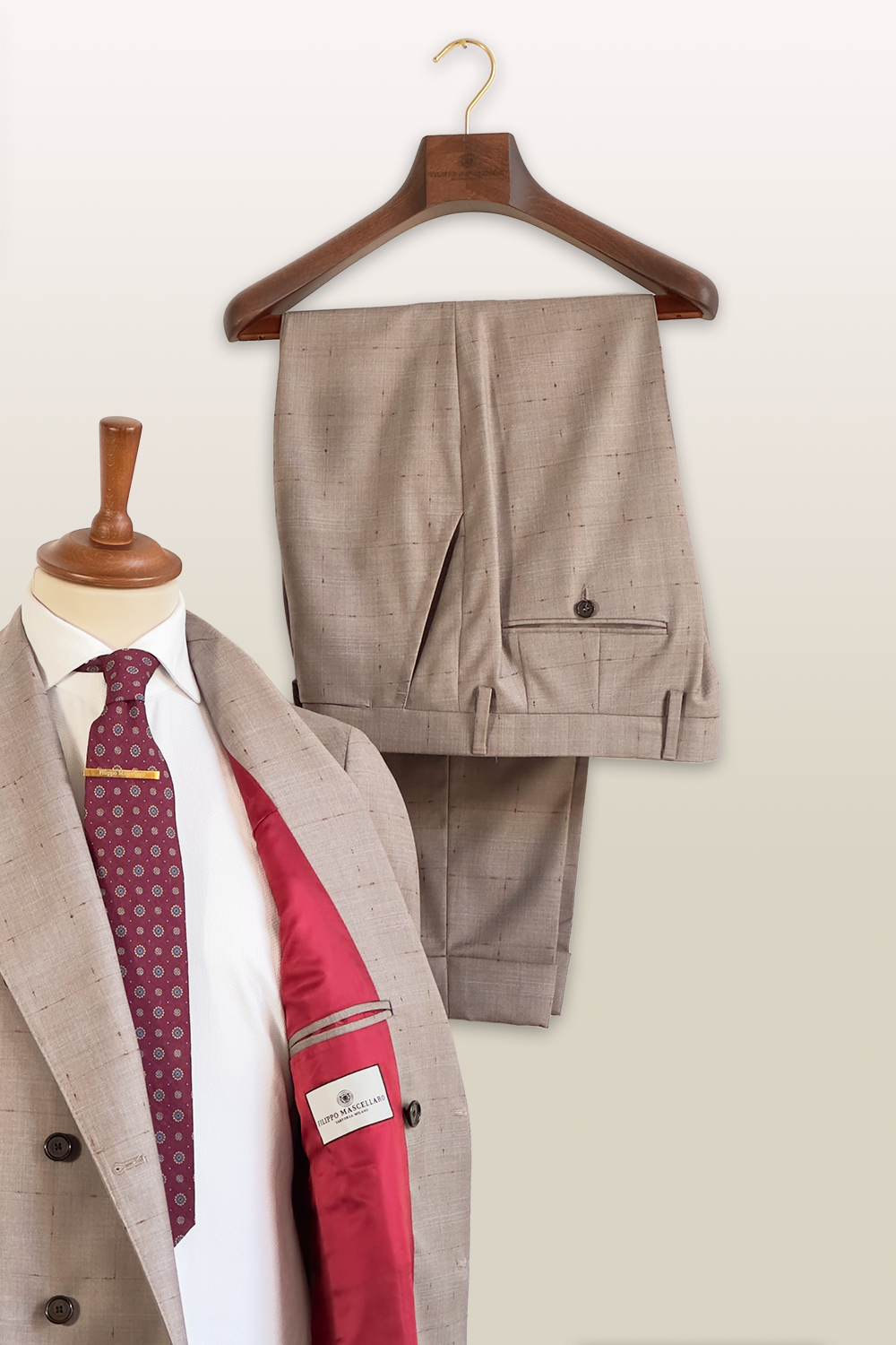 ABITO DOPPIOPETTO FANTASIA SABBIA CON INSERTI BORDEAUX