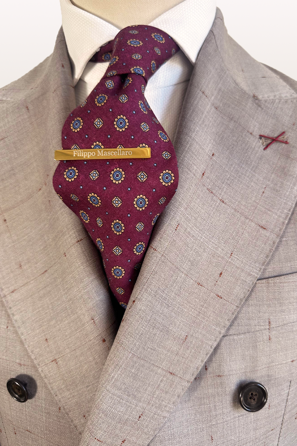 ABITO DOPPIOPETTO FANTASIA SABBIA CON INSERTI BORDEAUX